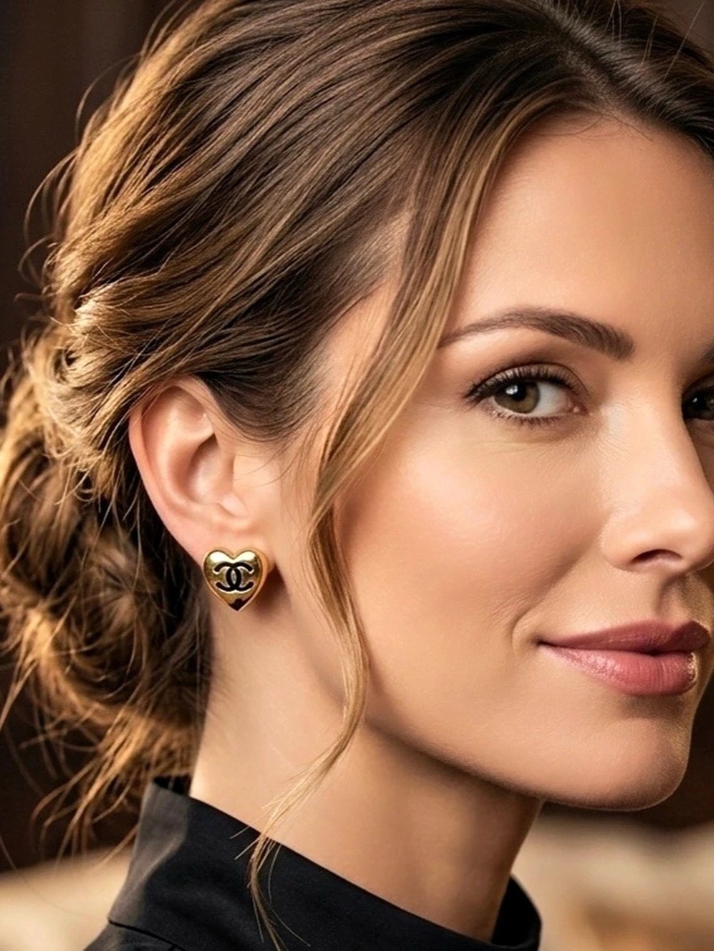 ChaneI Gold-Tone and Black Enamel Logo Heart Earrings